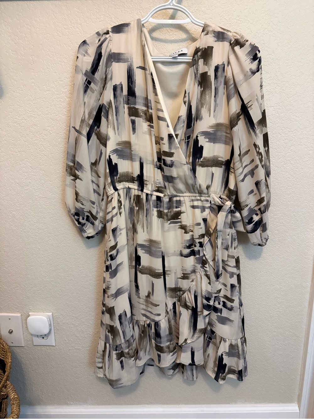 Gilli Cream Wrap Dress with Neutral Brushstroke Print